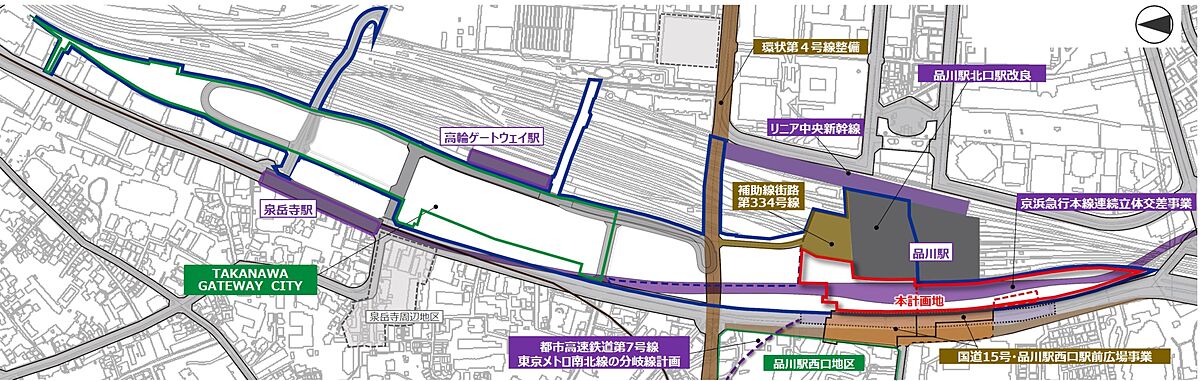 品川駅周辺の都市開発予定地区の図